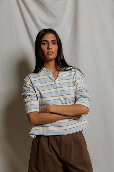 Daria Cotton Collared Rugby 3/4 Sleeve Shirt - Powder Blue Stripe