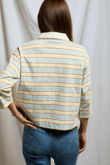 Daria Cotton Collared Rugby 3/4 Sleeve Shirt - Powder Blue Stripe