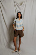 Daria Cotton Collared Rugby 3/4 Sleeve Shirt - Powder Blue Stripe