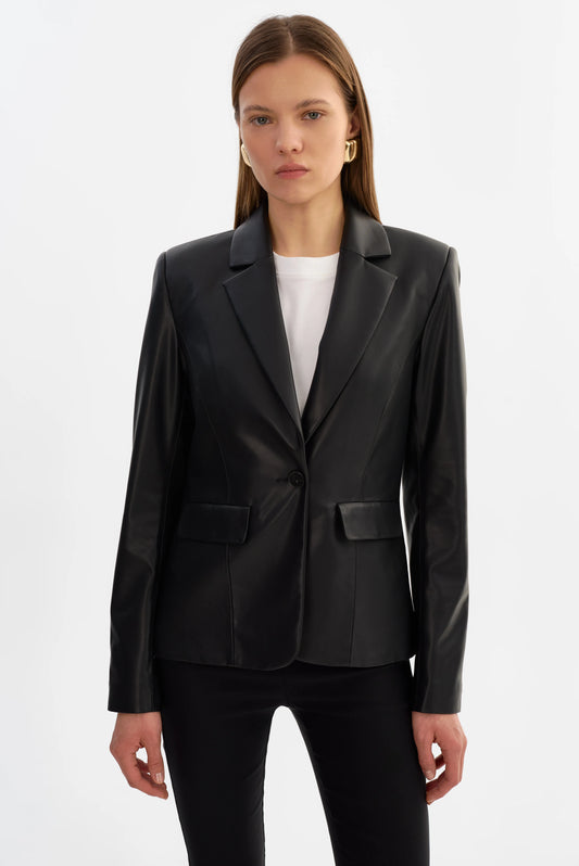 Davie Faux Leather Blazer - Black