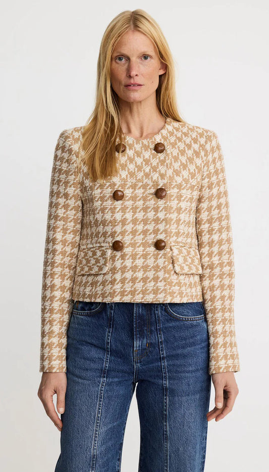Collarless DB Mini Jacket - Camel Houndstooth