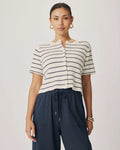 Delilah Striped Short Sleeve Cardigan - Shell/Mood Indigo