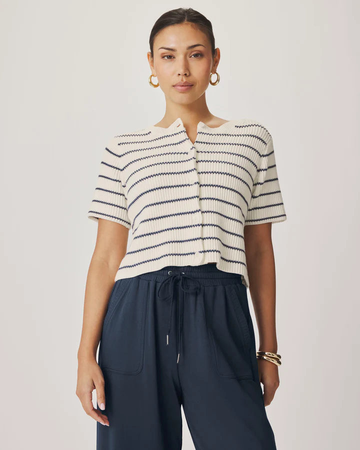 Delilah Striped Short Sleeve Cardigan - Shell/Mood Indigo