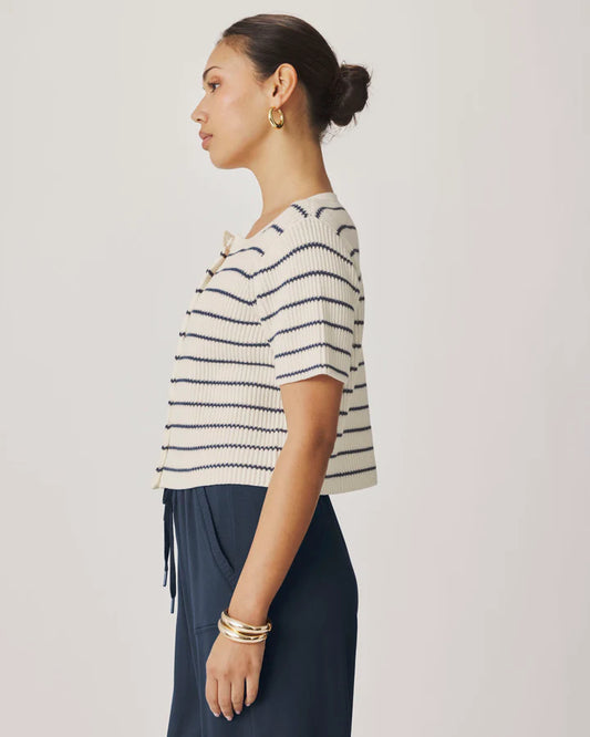 Delilah Striped Short Sleeve Cardigan - Shell/Mood Indigo