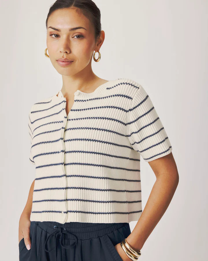 Delilah Striped Short Sleeve Cardigan - Shell/Mood Indigo