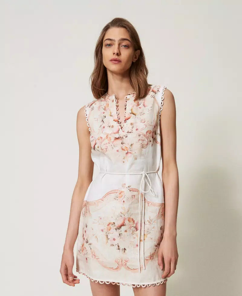 Short Dress in Printed Linen - Flowers Tapestry Dusty Coral Shade Print