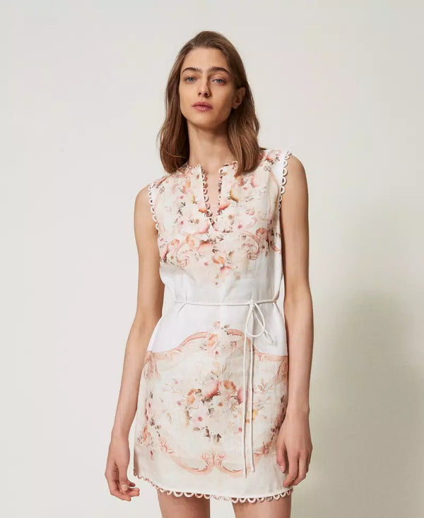 Short Dress in Printed Linen - Flowers Tapestry Dusty Coral Shade Print