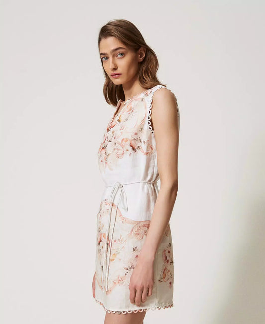 Short Dress in Printed Linen - Flowers Tapestry Dusty Coral Shade Print