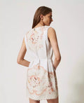 Short Dress in Printed Linen - Flowers Tapestry Dusty Coral Shade Print