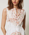 Short Dress in Printed Linen - Flowers Tapestry Dusty Coral Shade Print