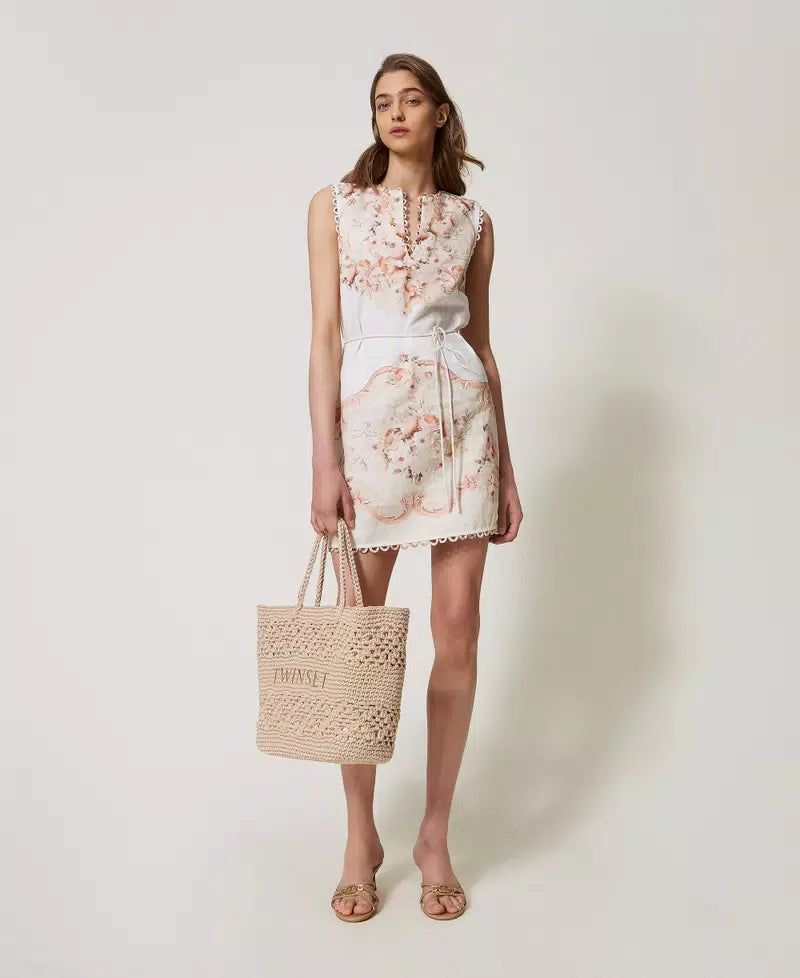 Short Dress in Printed Linen - Flowers Tapestry Dusty Coral Shade Print