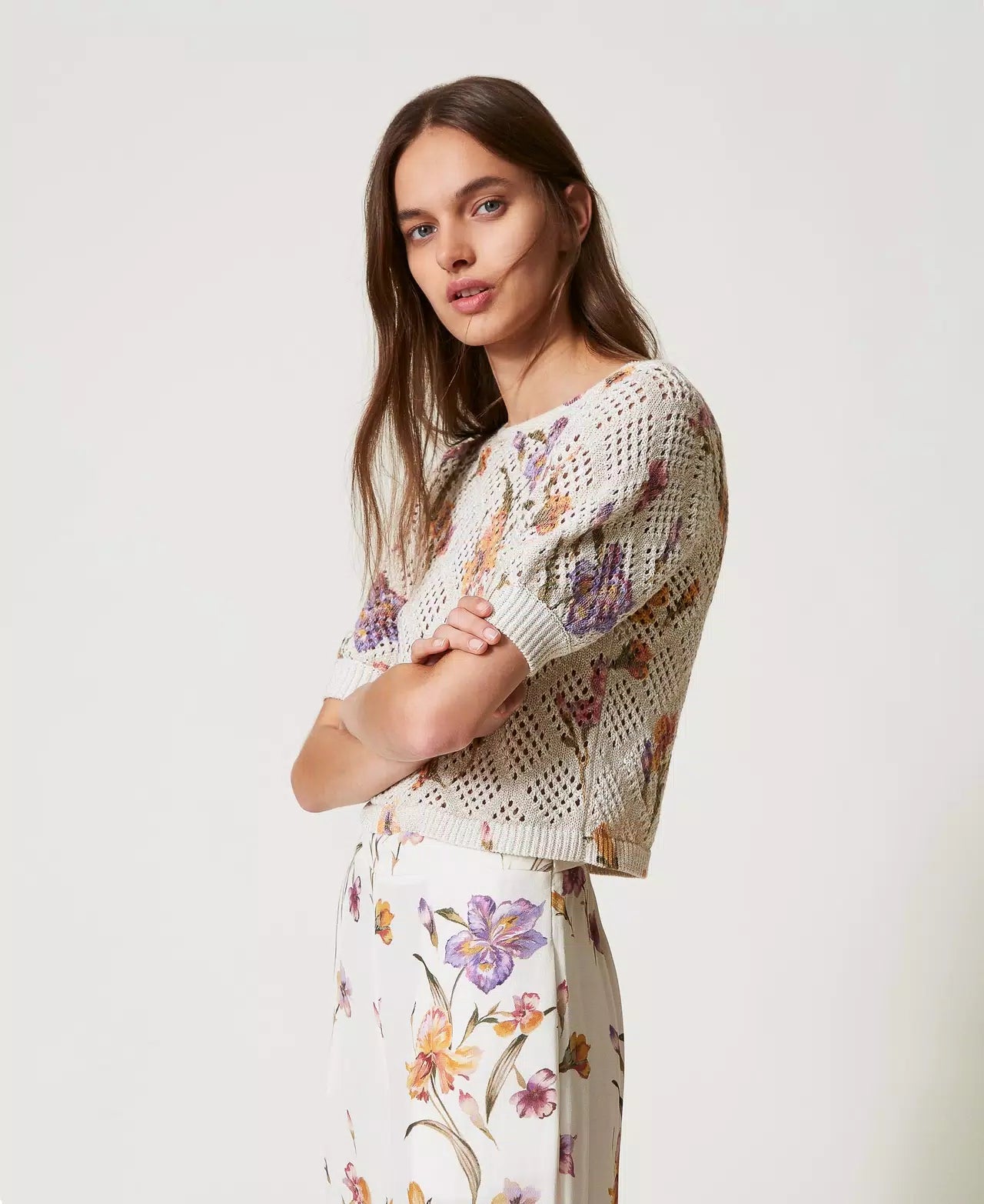 Mesh Jumper with Floral Print - Multicolour/Mother of Pearl Iris Print