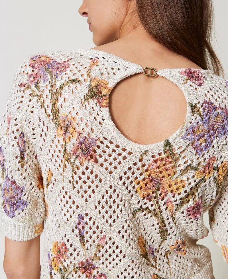 Mesh Jumper with Floral Print - Multicolour/Mother of Pearl Iris Print