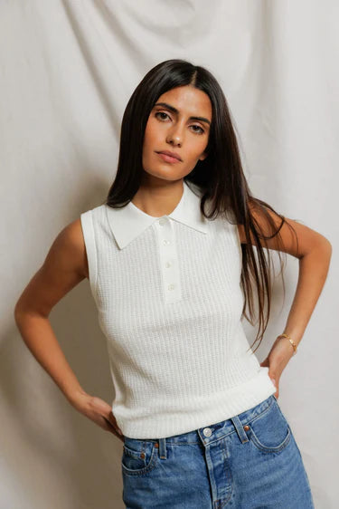 Fran Pointelle Sleeveless Polo - White