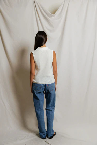 Fran Pointelle Sleeveless Polo - White