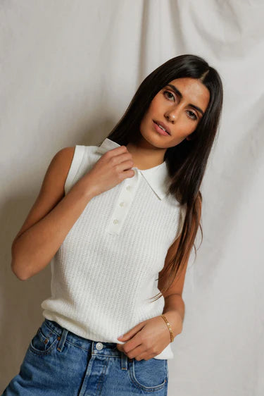 Fran Pointelle Sleeveless Polo - White