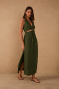 Green Cut-Out Bodice Side Slits Maxi Dress - Orchard Green