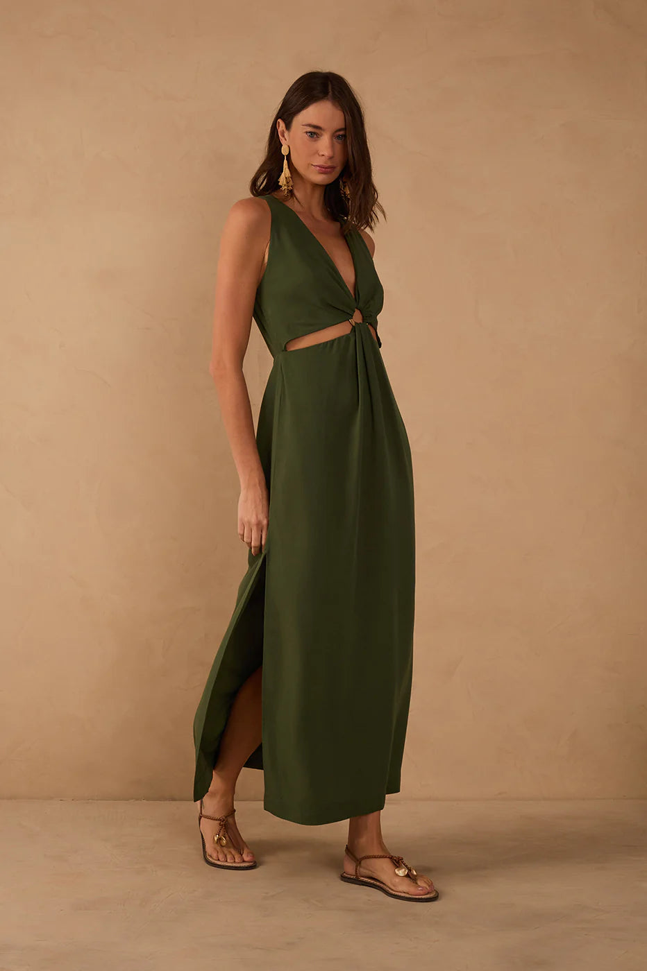 Green Cut-Out Bodice Side Slits Maxi Dress - Orchard Green