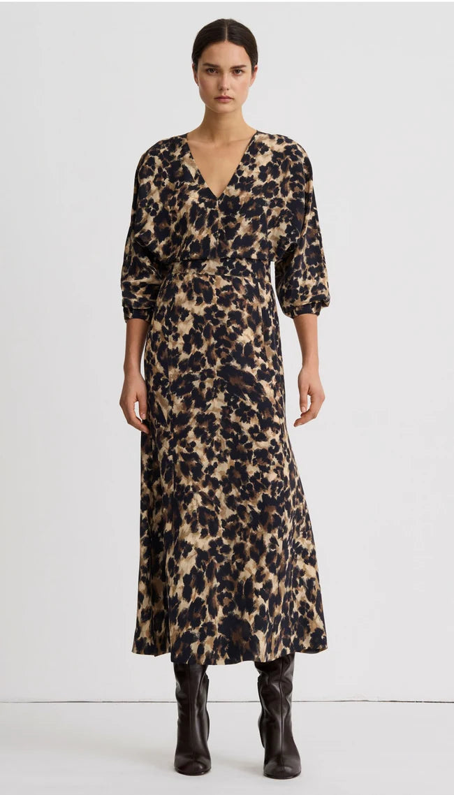V-Neck Flounce Hem Dress - Leopard