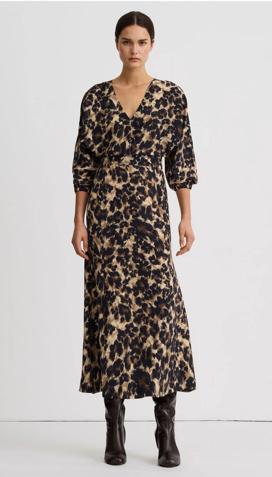 V-Neck Flounce Hem Dress - Leopard