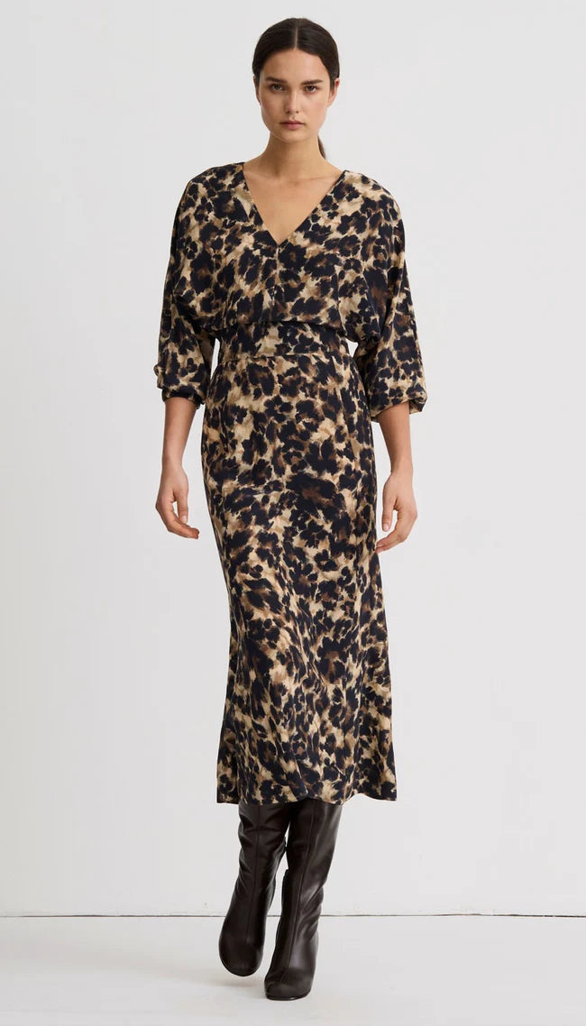 V-Neck Flounce Hem Dress - Leopard