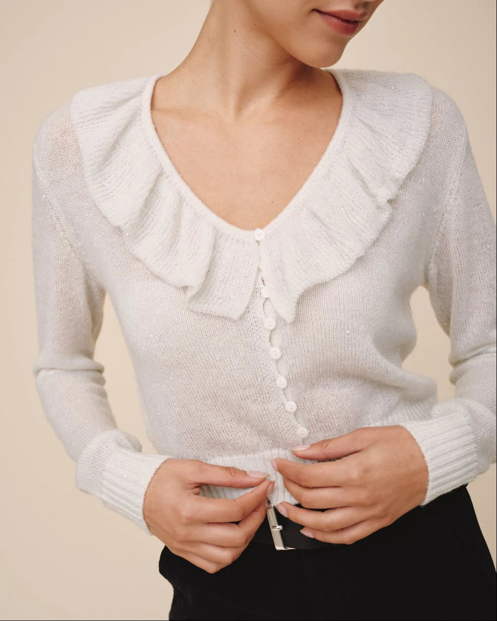 V-Neck Ruffle Cardigan - Icy White