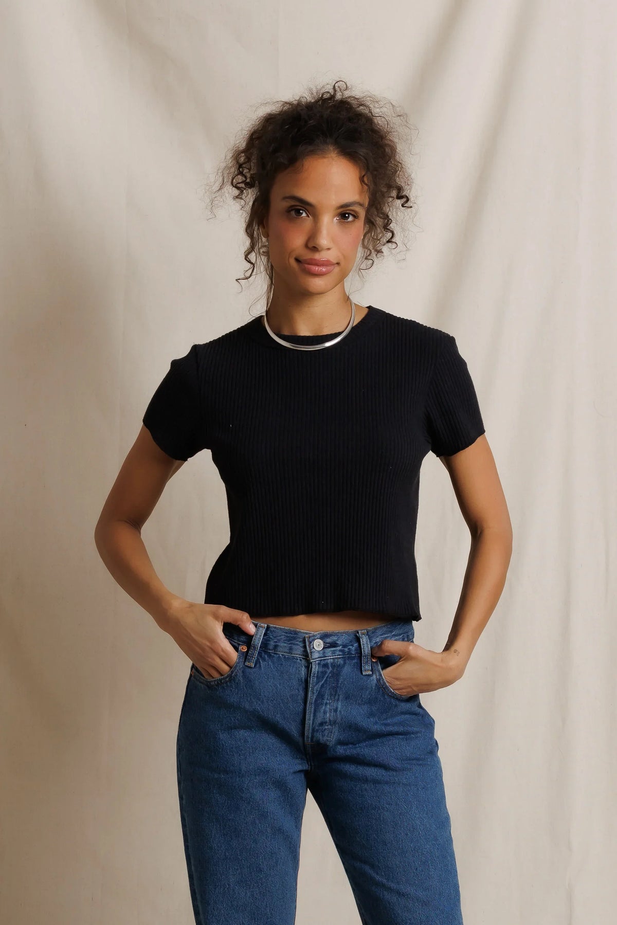 Isa Sweater Rib Crew Neck Short Sleeve - True Black