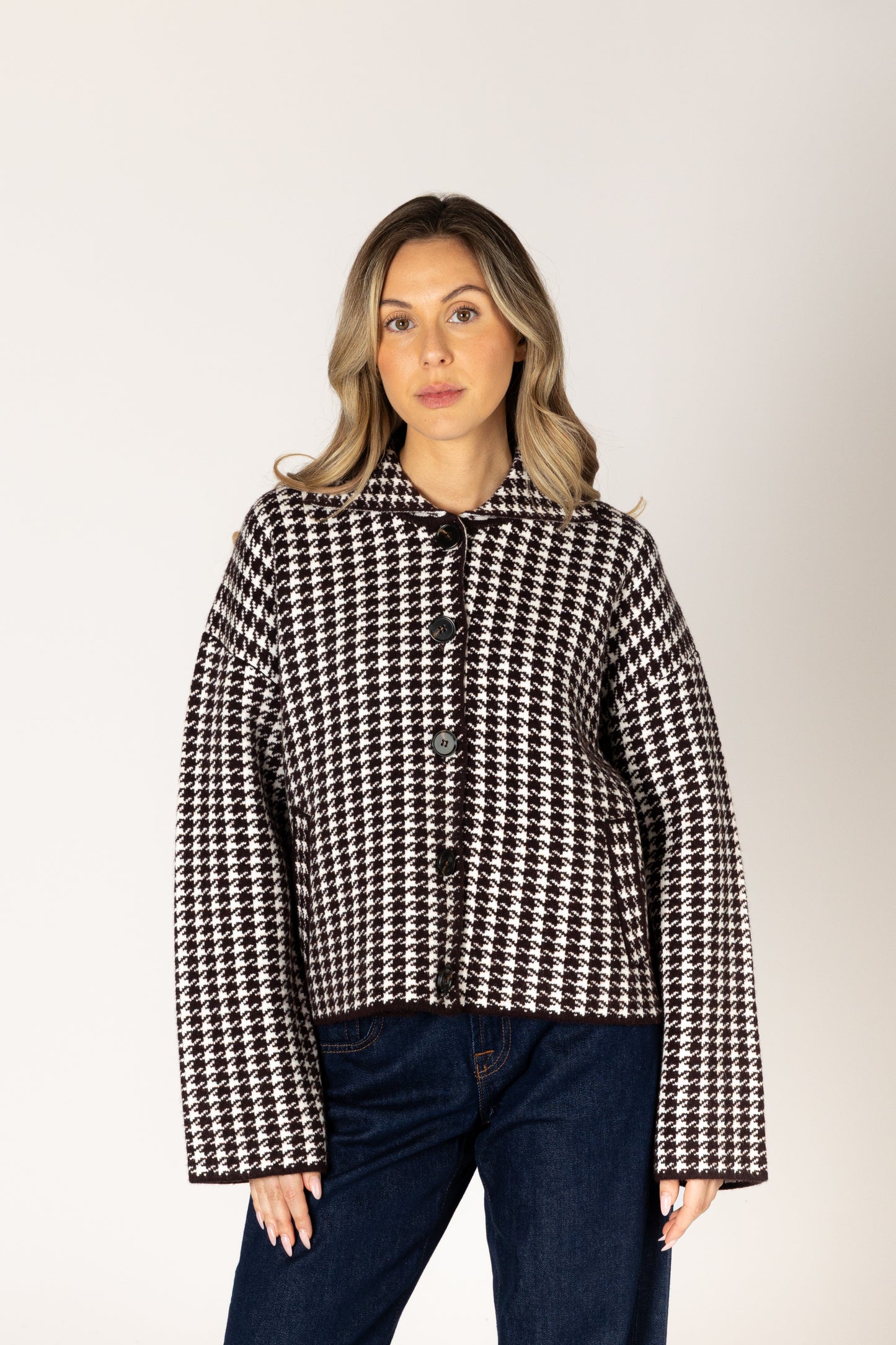 Jonah Essentials Houndstooth Short Coat - Espresso / Off White