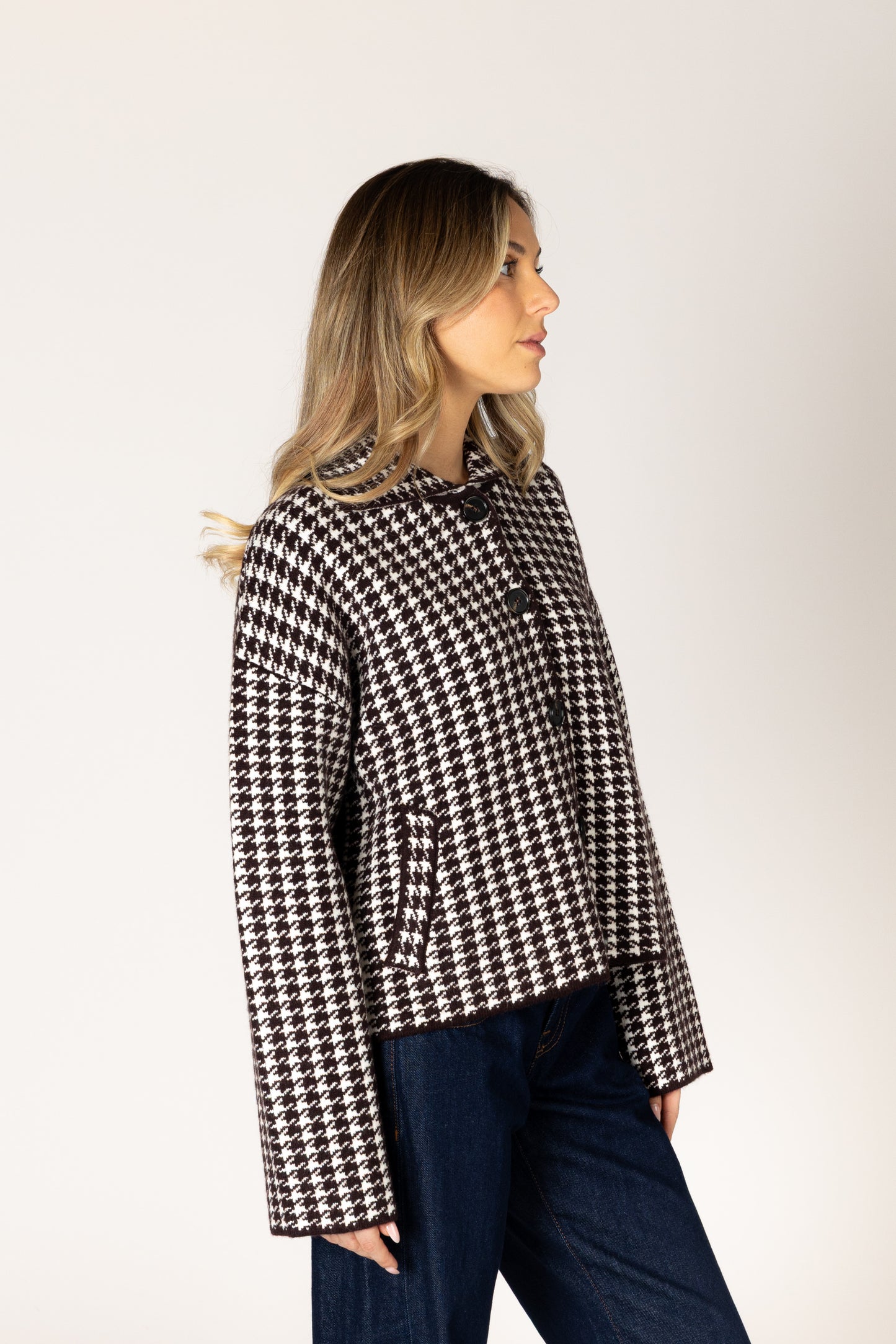 Jonah Essentials Houndstooth Short Coat - Espresso / Off White