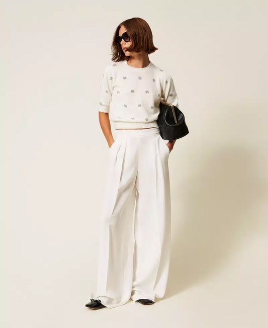 Angora Blend Jumper with Embroidery - White Snow