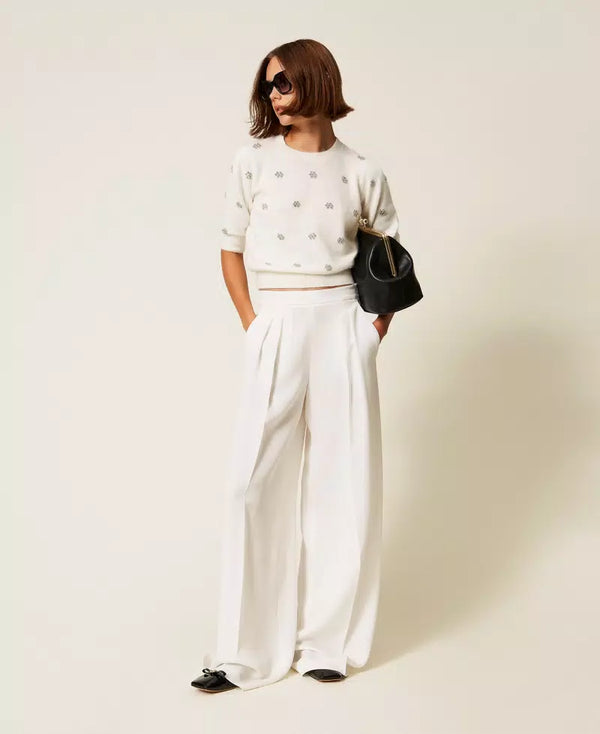 Angora Blend Jumper with Embroidery - White Snow
