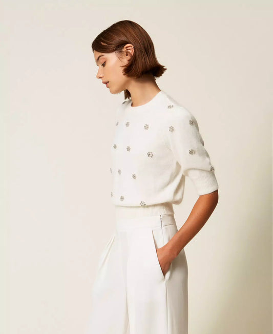 Angora Blend Jumper with Embroidery - White Snow