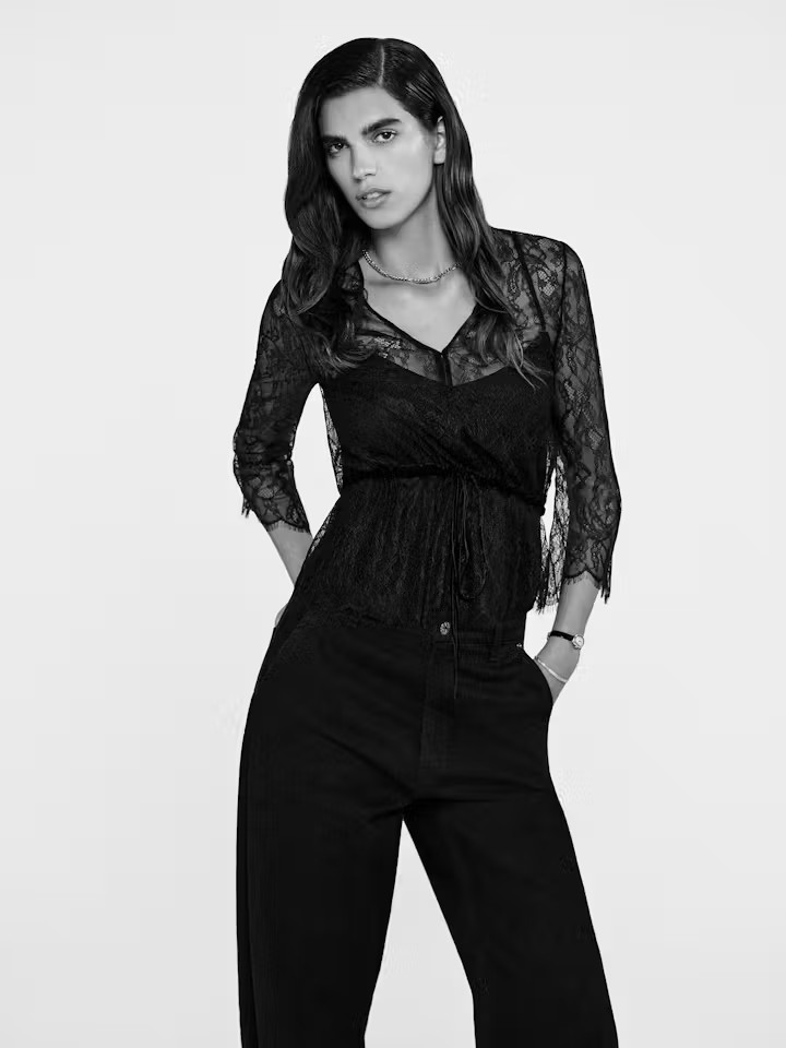 Lace V-Neck Blouse - Black