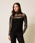 Lace Blouse with Ruffles - Black