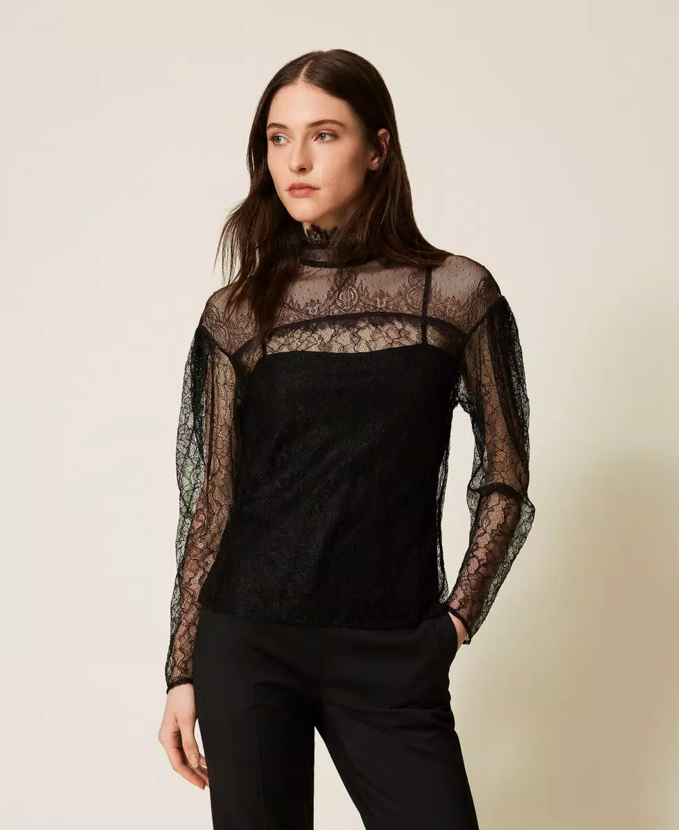 Lace Blouse with Ruffles - Black