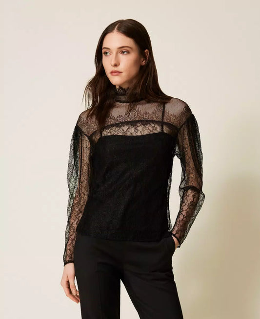 Lace Blouse with Ruffles - Black