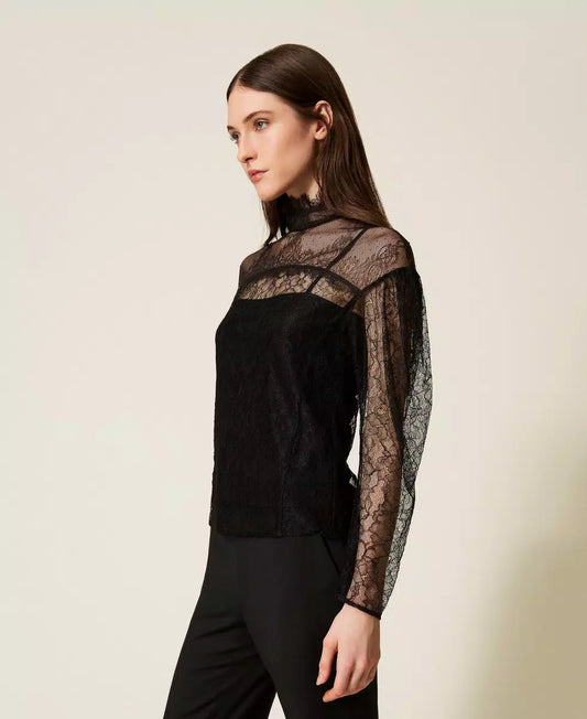 Lace Blouse with Ruffles - Black