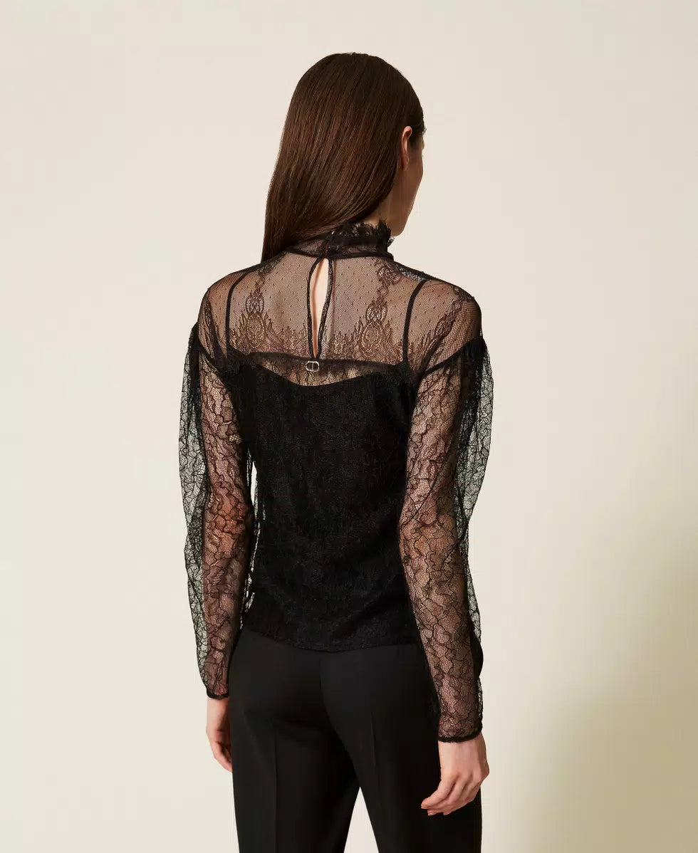 Lace Blouse with Ruffles - Black