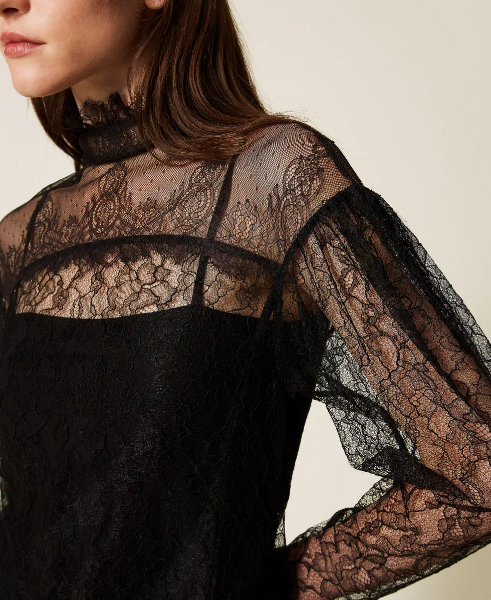 Lace Blouse with Ruffles - Black