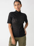 Short Sleeve Lace Mock Neck Tee - Black