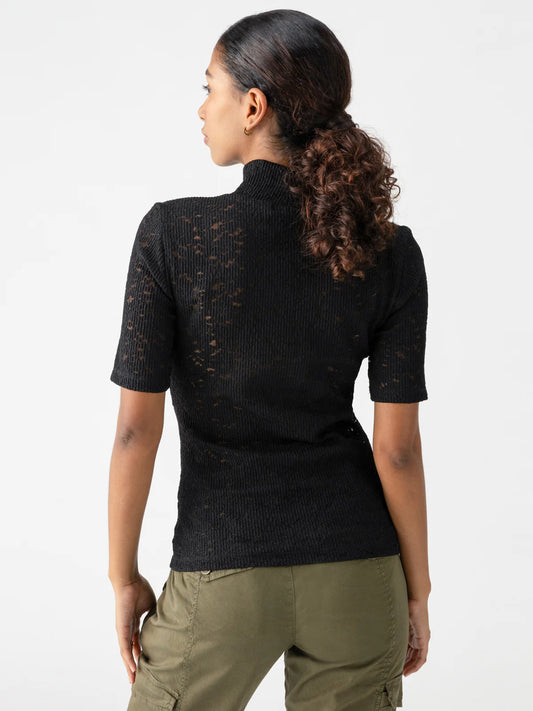 Short Sleeve Lace Mock Neck Tee - Black