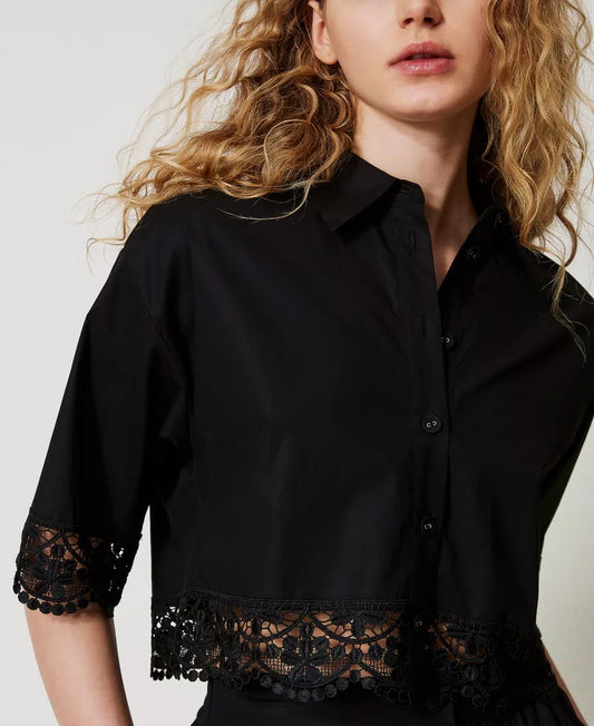 Cropped Poplin Shirt with Lace - Black
