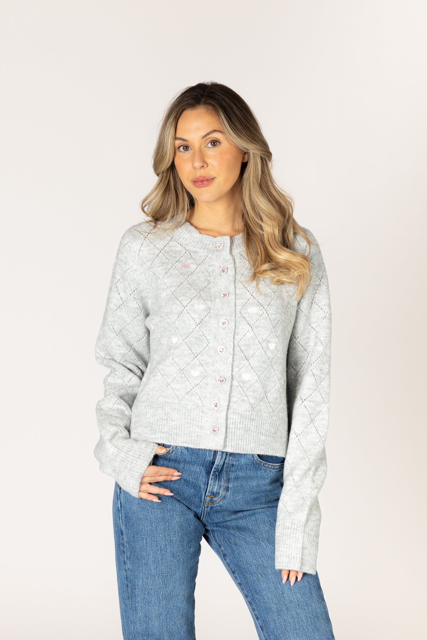 Lacey Novelty Crystal Heart Cardi - Dove / Pink Hearts