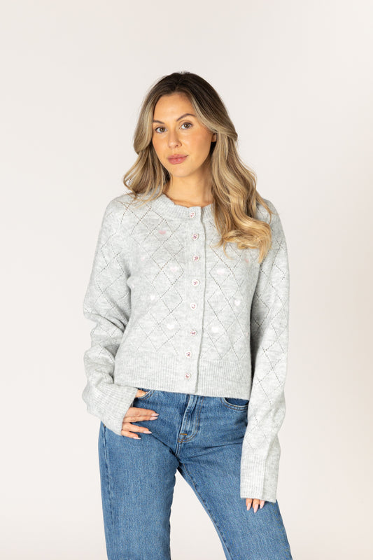 Lacey Novelty Crystal Heart Cardi - Dove / Pink Hearts