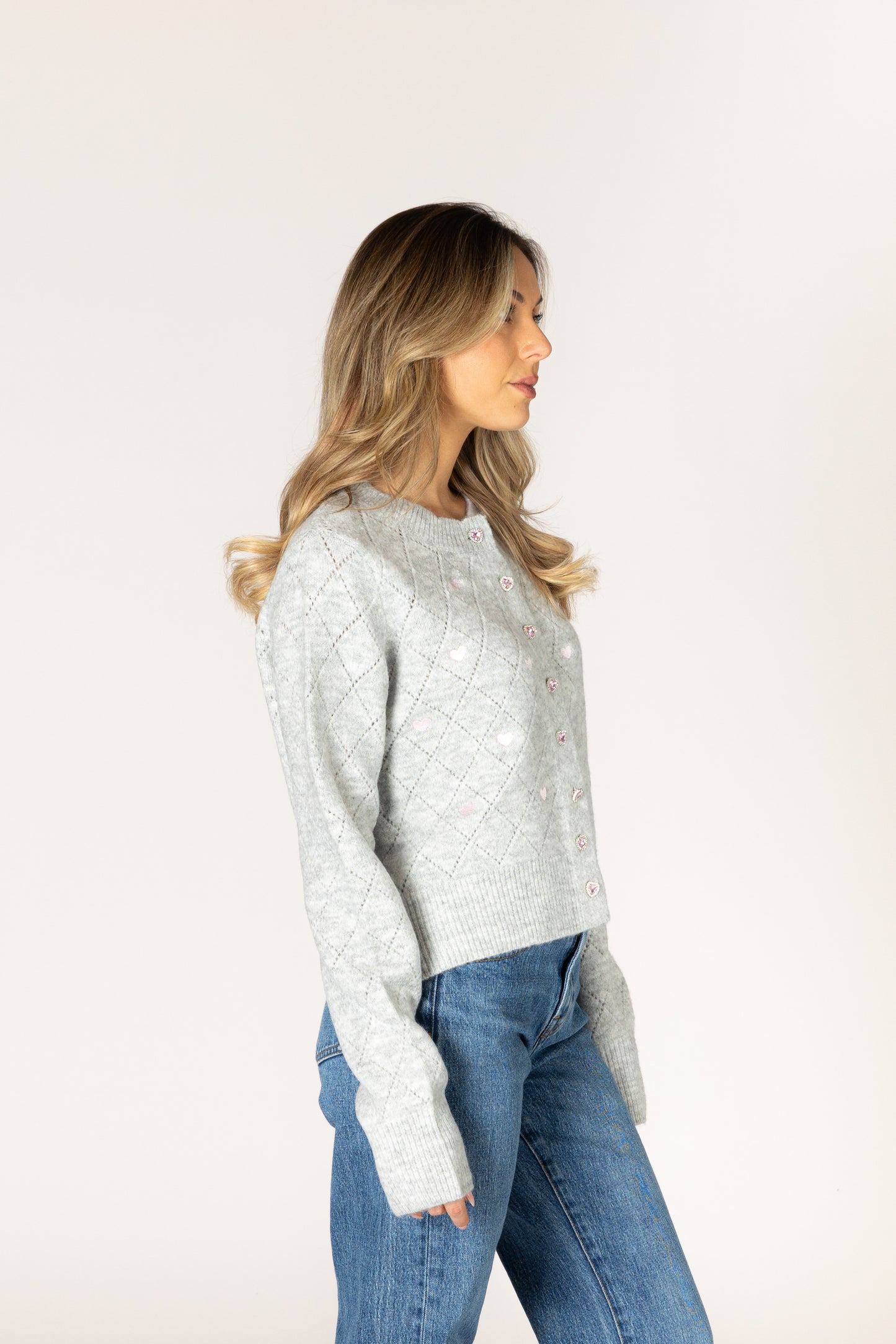 Lacey Novelty Crystal Heart Cardi - Dove / Pink Hearts