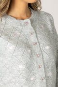 Lacey Novelty Crystal Heart Cardi - Dove / Pink Hearts