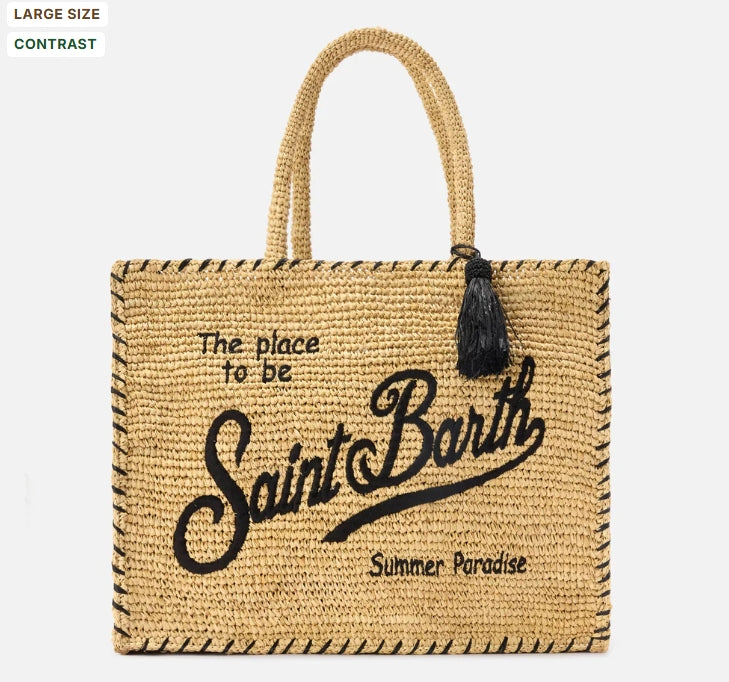 Large Vanity Raffia Bag with Black Details