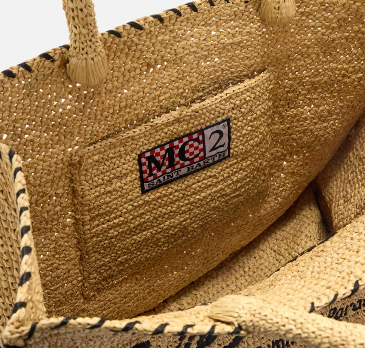 Large Vanity Raffia Bag with Black Details