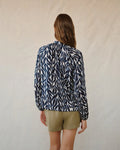 Long Sleeve Shirred Raglan Shirt - Navy Leaves Print