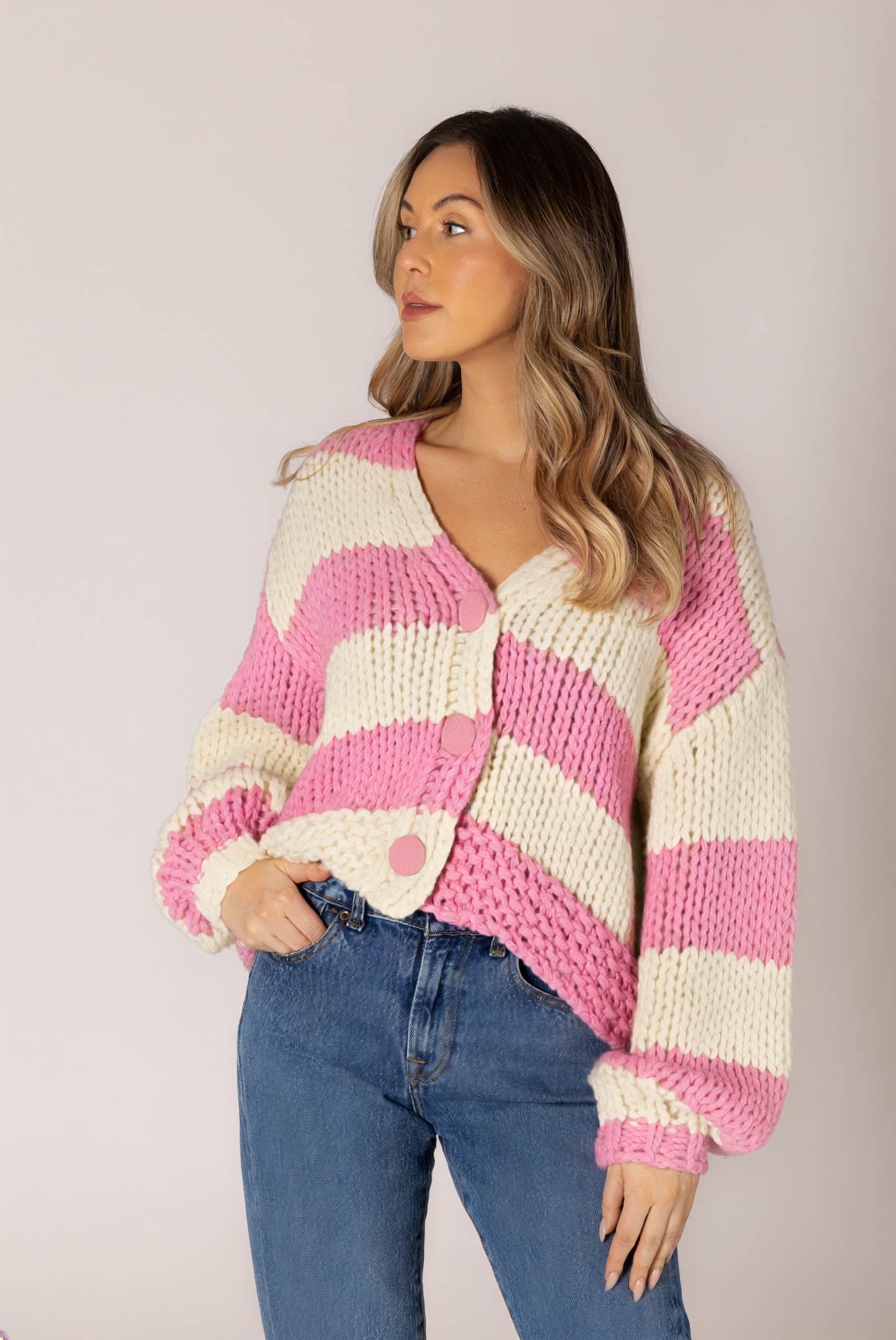 Leelee Hand Knit Stripe Cardi - Pink / Beige